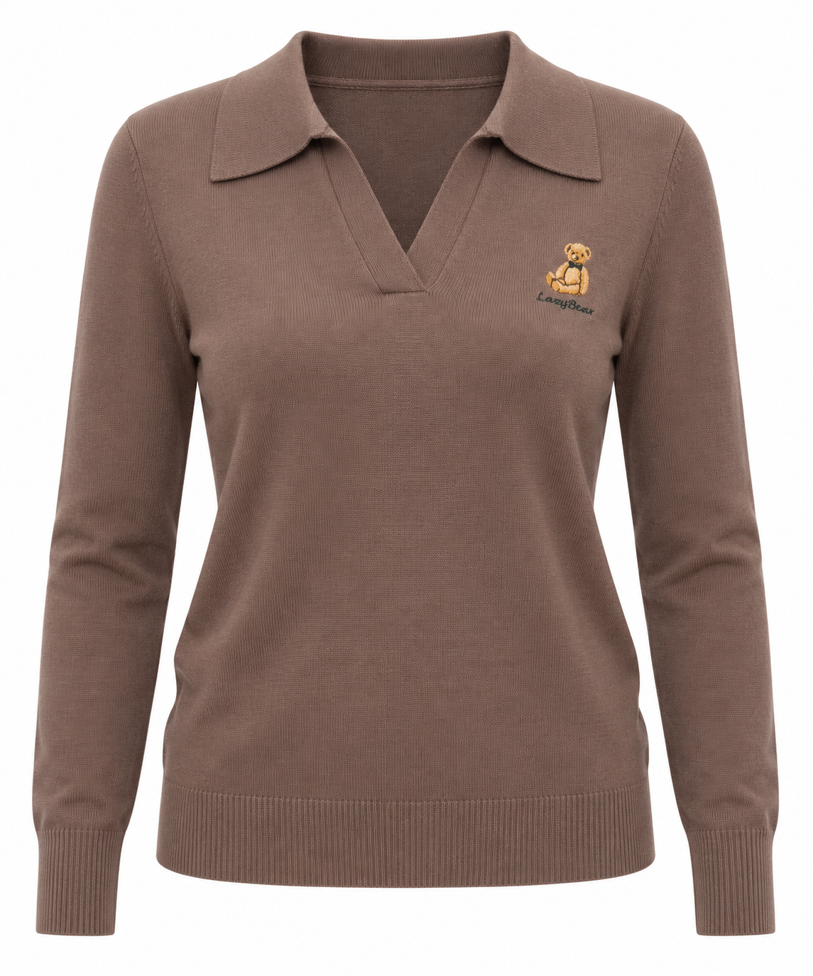 Кафяво | Блуза с поло яка и бродирано мече | Предница