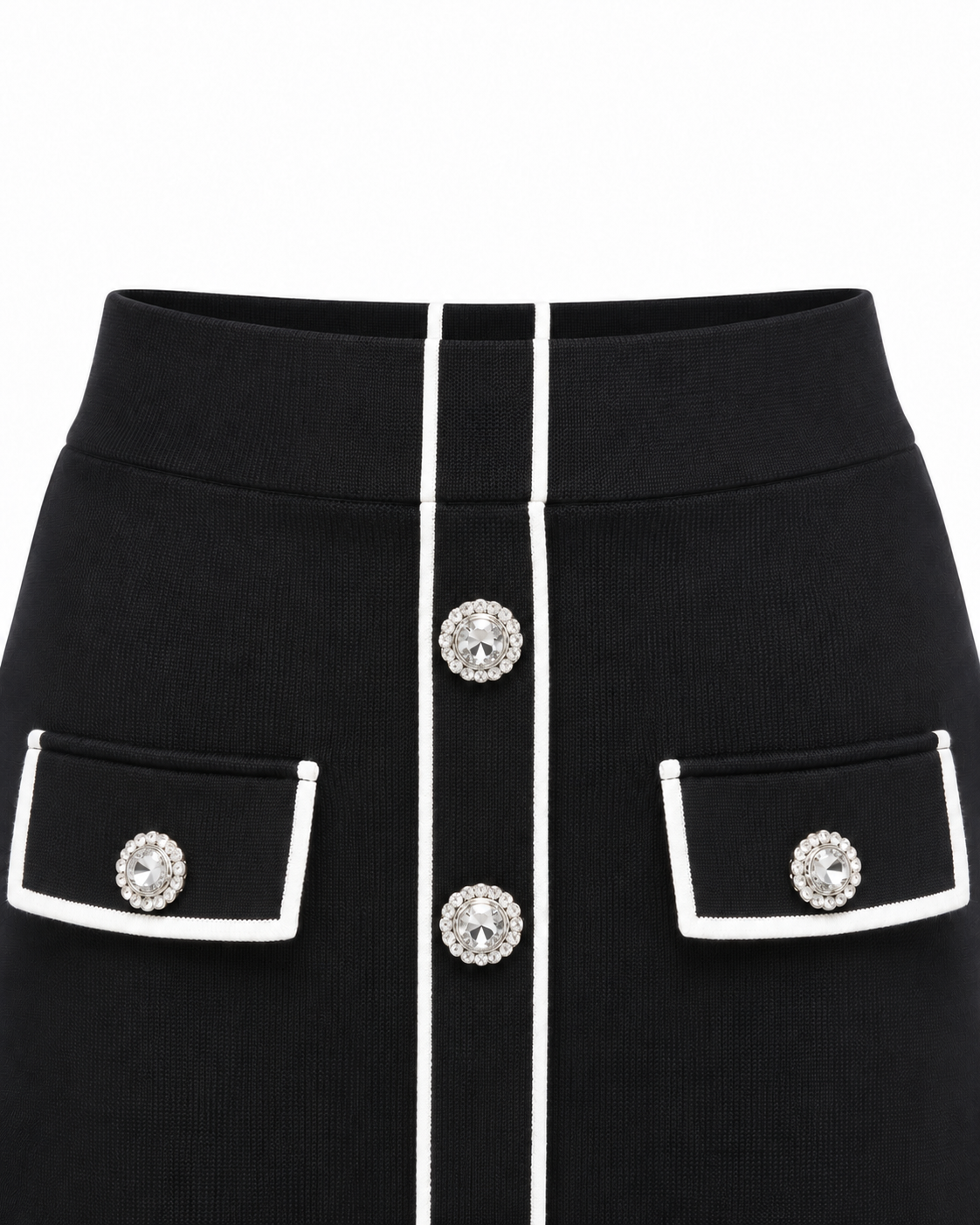 Черна плетена пола с бял кант и кристални копчета – талия