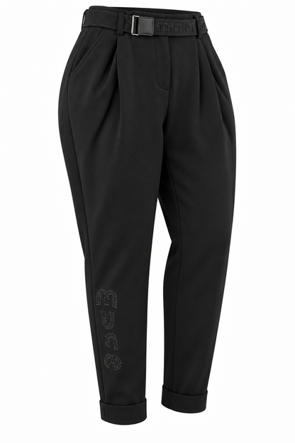Черно | Дамски панталон с колан и тъмни камъчета | angle