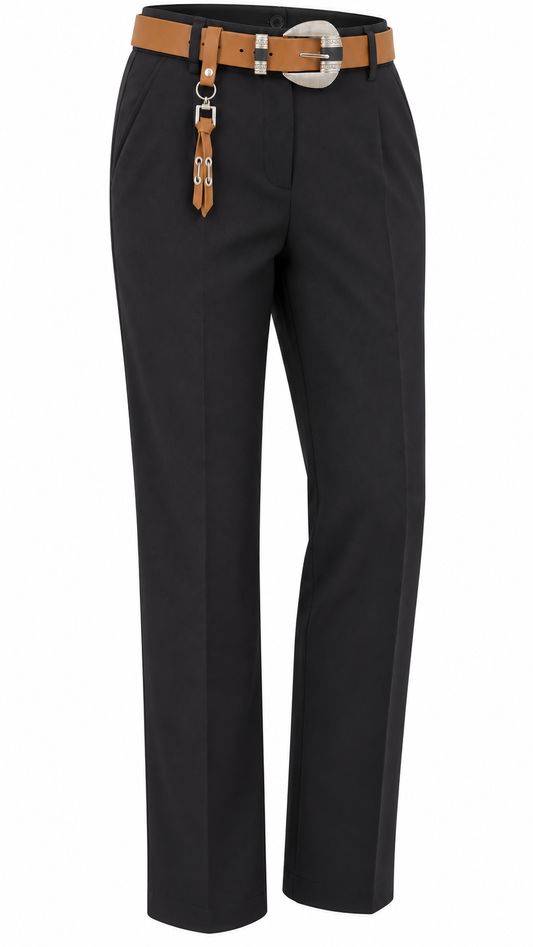 Черно | Дамски панталон с декоративен колан — изглед под ъгъл