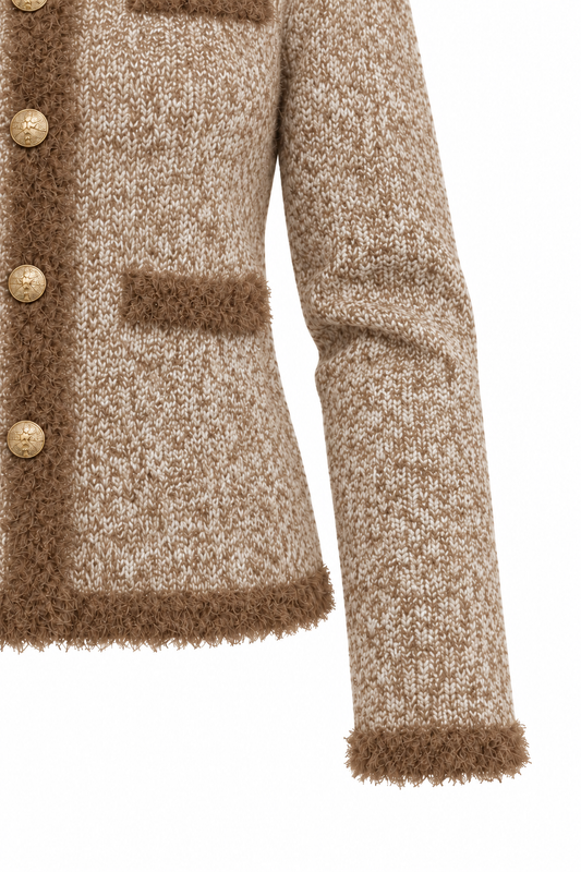Бежово-кафяв меланж | Дамска къса жилетка с пухкави кантове и златисти копчета — ръкав и маншет