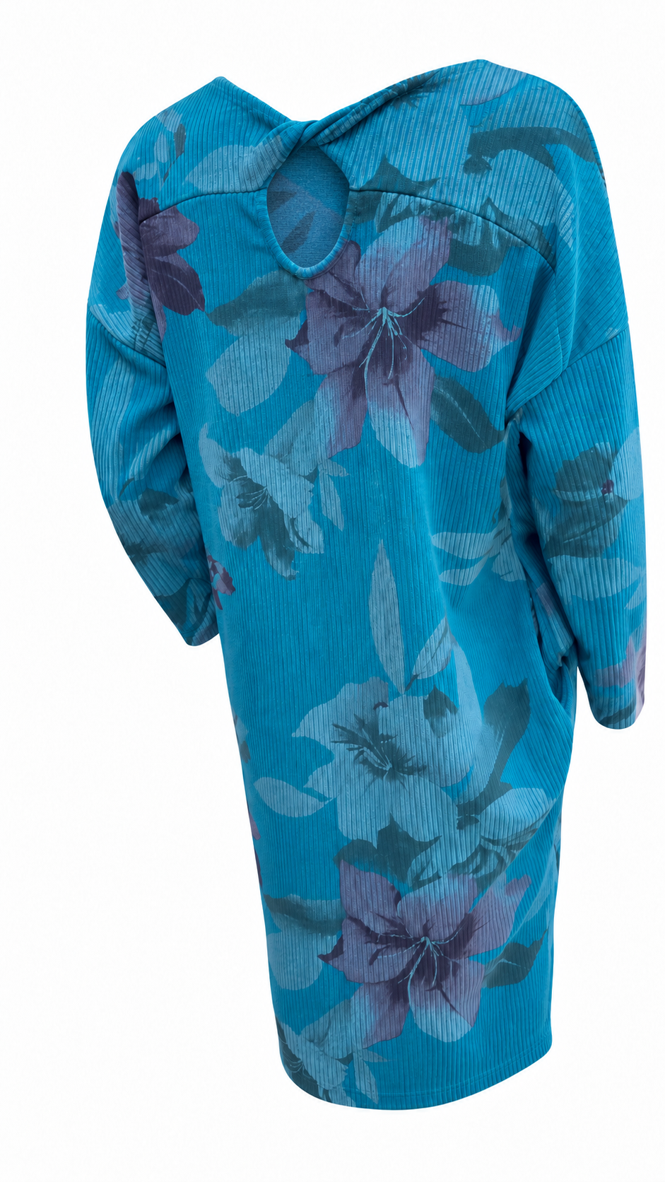 Тюркоазена флорална рокля — гръб с видима вътрешна предница